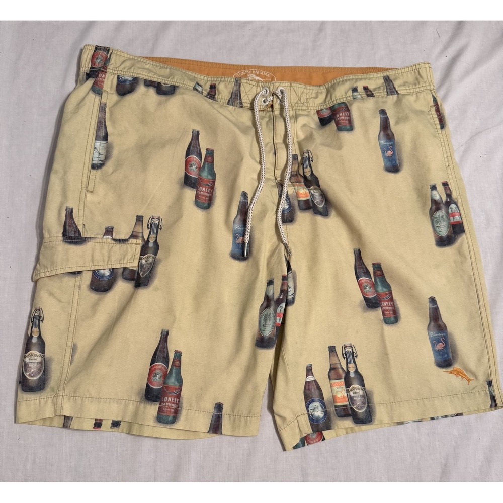Tommy Bahama Swim Trunks Mens 2XL Tan Beer Bottle Print Board Shorts Relaxed Fit
